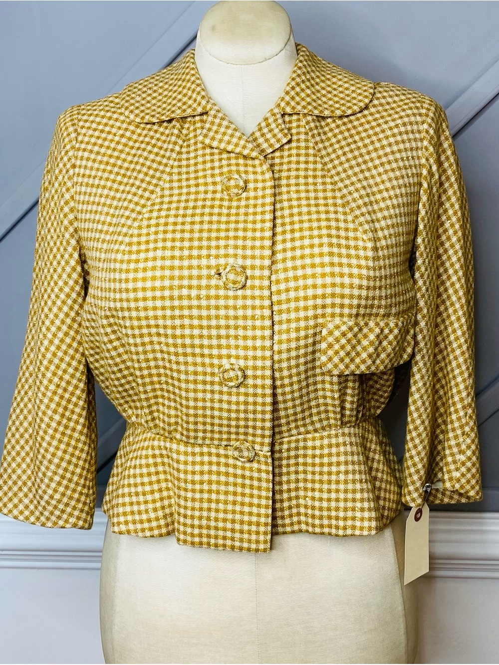 VTG 1950s Moordale Junior Suits Gingham Peplum Jacket Yellow White Check Kirvens